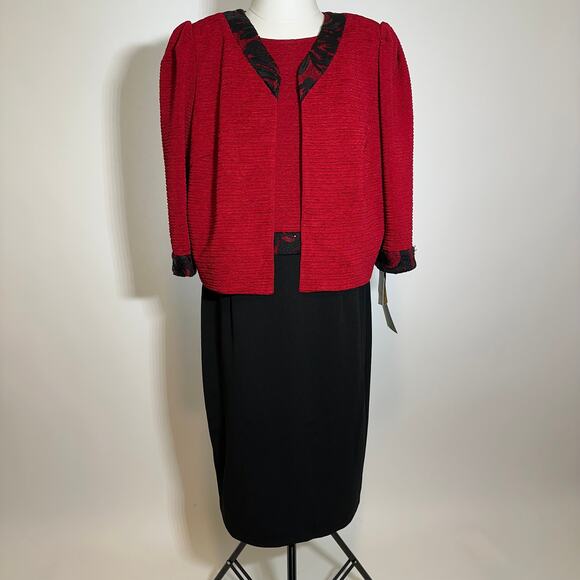 NWT Maya Brooke Red/Black 2 Piece Dress Suit Lace Trim Blazer Set Womens Size 14 - Picture 1 of 14